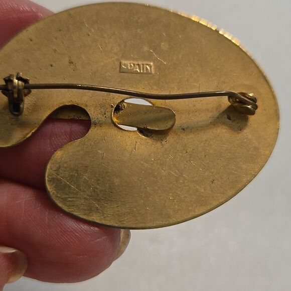 Damascene Pin Brooch Artist Palette Paint Brushes Vintage Enamel Spain - Picture 5 of 11